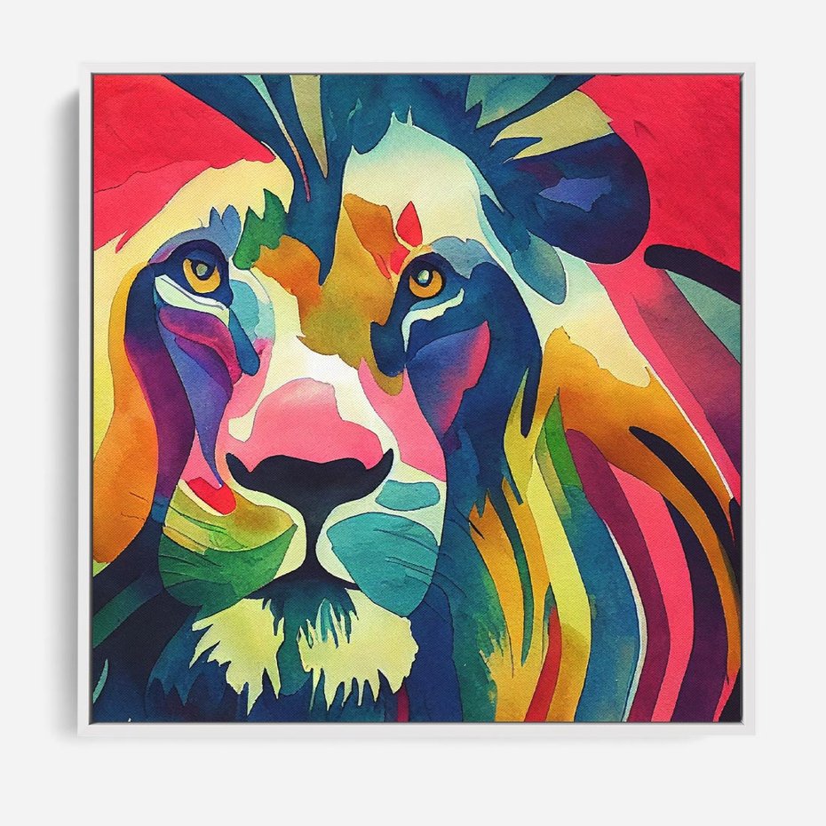 Obraz w ramie 80x80 - Tęczowy Lew - akwarela, tęczowy lew - rama biała