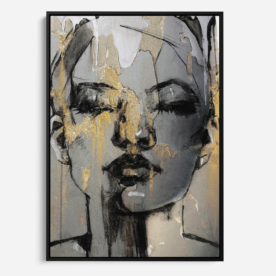Obraz w ramie 50x70 - Kobieta - Abstrakcyjne Malowidło - złote, usta abstrakcja - rama czarna