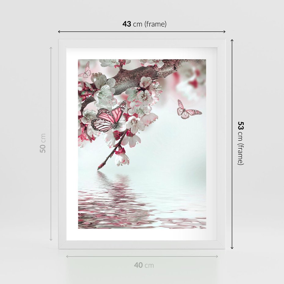 Plakat w ramie 40x50 - Kwiatowa baśń z motylami - kwiaty, motyle - rama biała