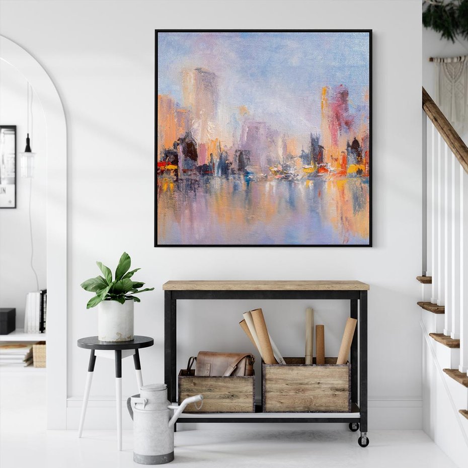 Obraz w ramie 50x50 - Miasto Refleksji - olejna panorama miasta w oddali, wiezowce odbijają się w rzece - rama czarna