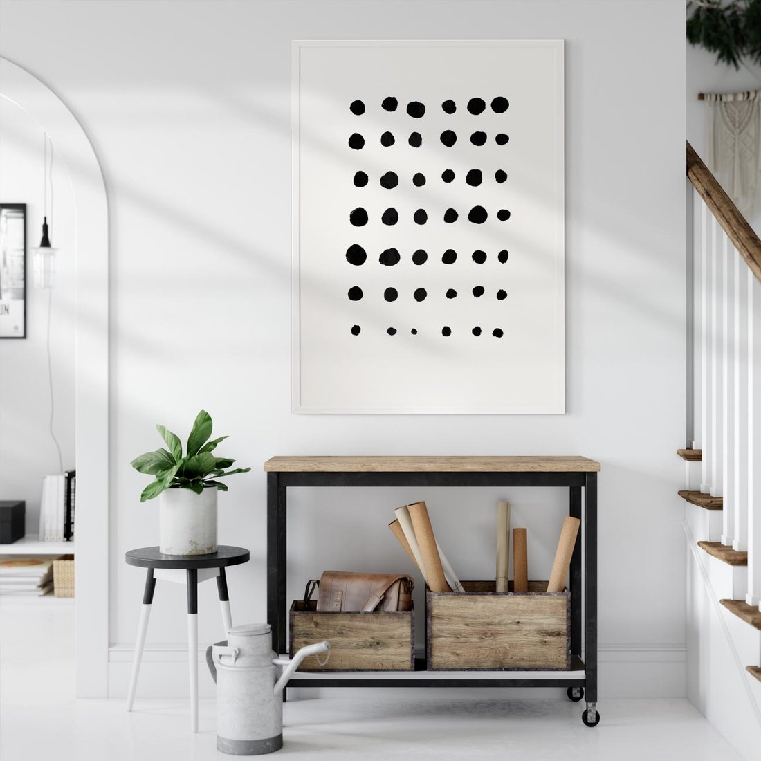 Plakat bez ramy 50x70 - Refleksje Światła - minimalistyczna kompozycja, czarne kropkina białym tle