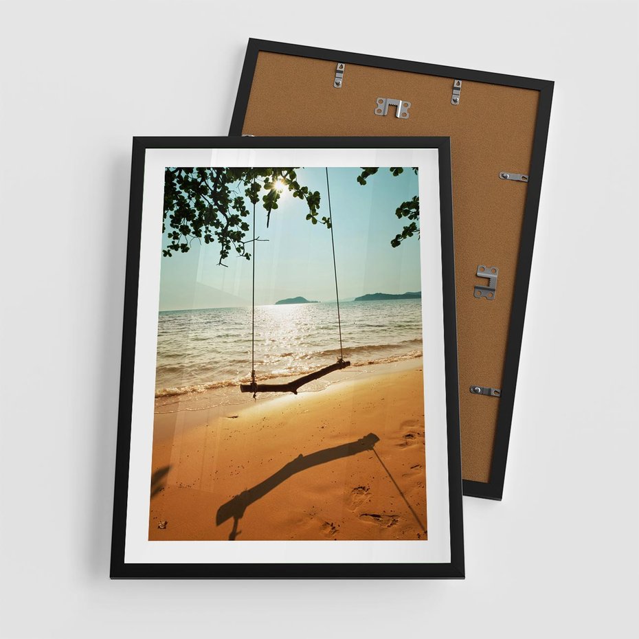 Plakat w ramie 50x70 - Tropikalna plaża i huśtawka - plaża, tropiki - rama czarna