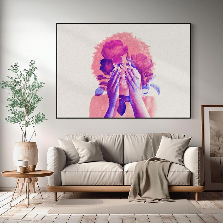 Obraz w ramie 100x70 - Kwiaty we Włosach - różowa postać, grafika - rama czarna