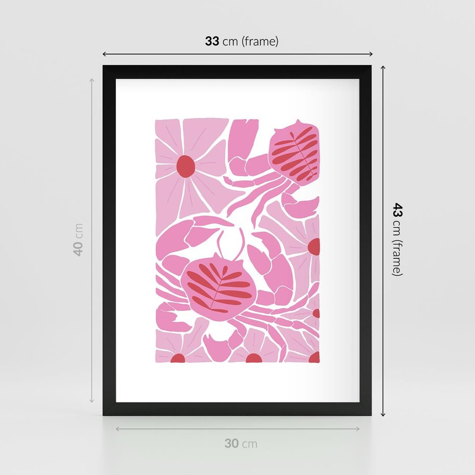 Plakat w ramie 30x40 - Roztańczone Kraby - różowe kwiaty i kraby, abstrakcyjna kompozycja - rama czarna