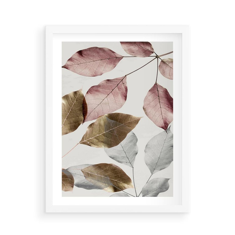 Plakat w ramie 50x70 - Pastelowe Liście z Nutką Złota - liście, pastelowe kolory - rama biała