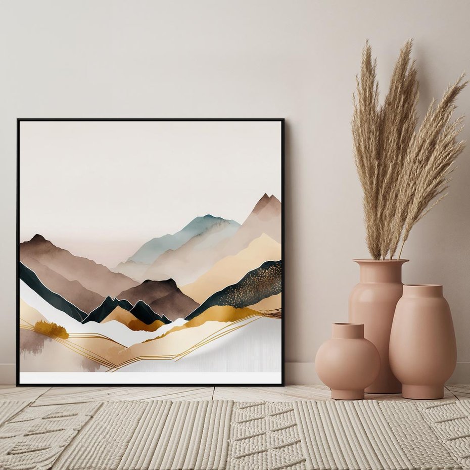 Obraz w ramie 50x50 - Góry Tonące w Pastelach - złote pastelowe góry, akwarela - rama czarna