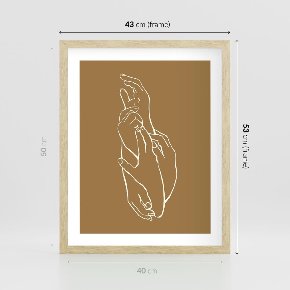 Plakat w ramie 40x50 - Splecione Dłonie - szkic, minimalizm - rama drewno