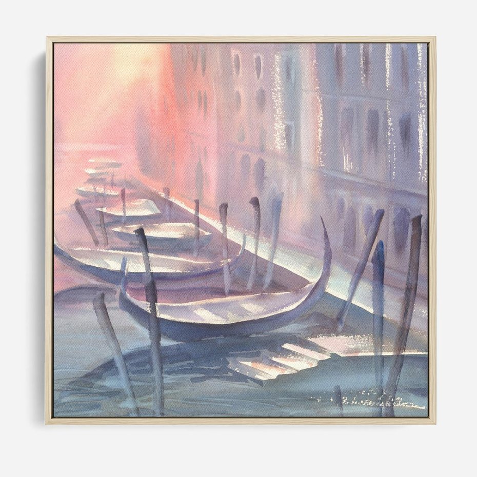 Obraz w ramie 50x50 - Romantyczne Zachody - akwarelowy rysunek, stonowane pastelowe kolory - rama drewno