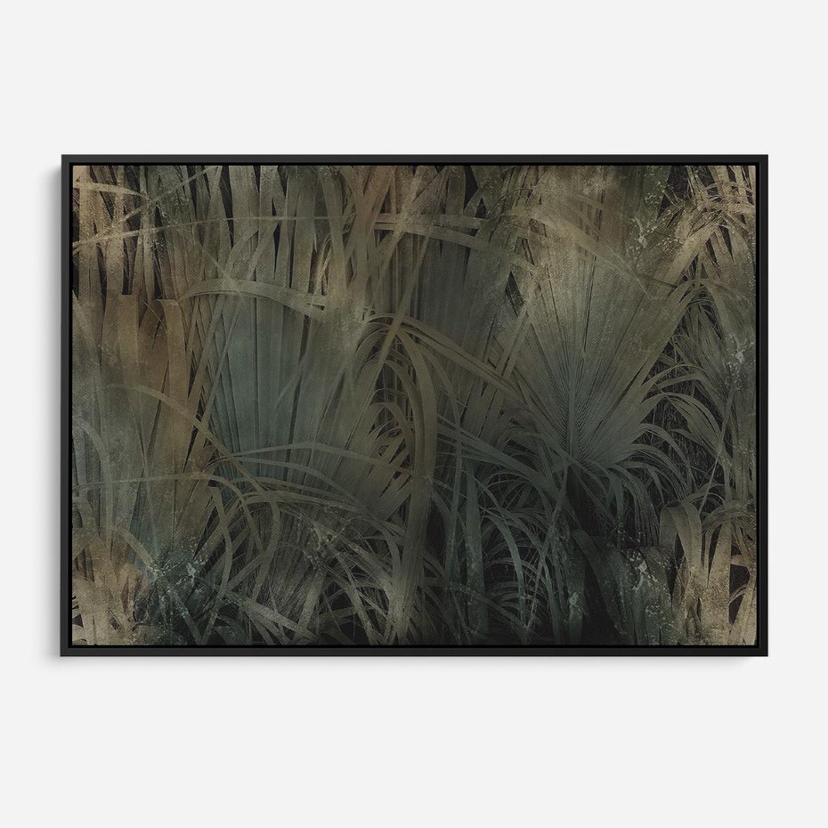 Obraz w ramie 70x50 - Światło w mroku duszy - liście traw, mroczny klimat - rama czarna