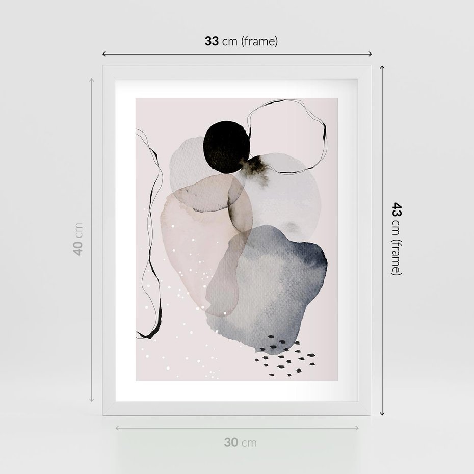 Plakat w ramie 30x40 - Migocące Barwy - abstrakcyjne plamy akwarelowe, czarny szkic - rama biała