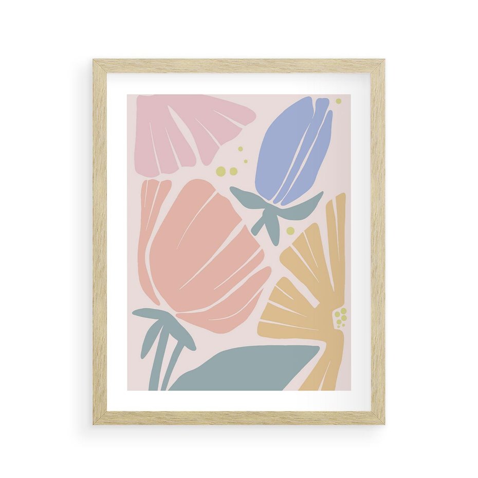 Plakat w ramie 40x50 - Rozkwitające Harmonie Natury - pastelowe kwiaty, na beżowym tle - rama drewno