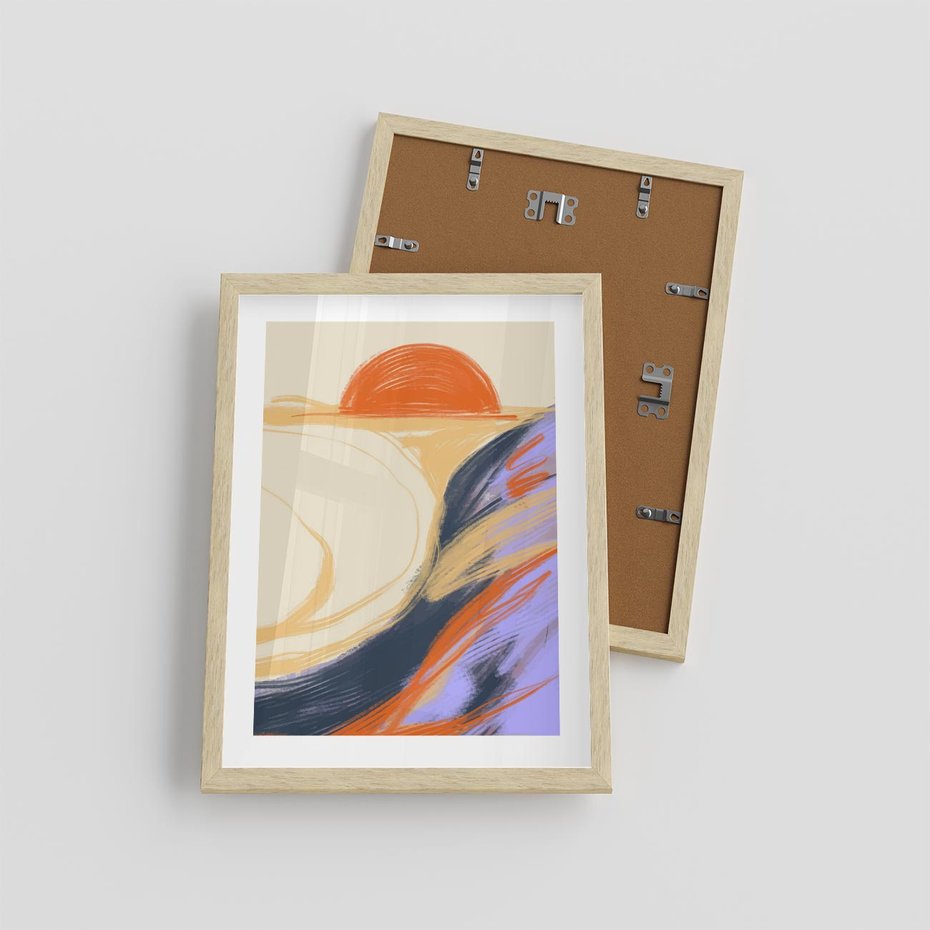 Plakat w ramie 30x40 - Pomarańczowy Horyzont - pastelowy krajobraz, nowoczesny plakat - rama drewno