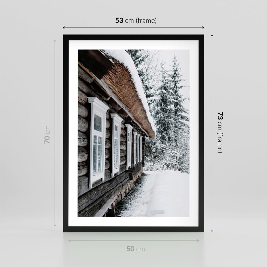 Plakat w ramie 50x70 - Cicha Zima - zima, domek w górach - rama czarna