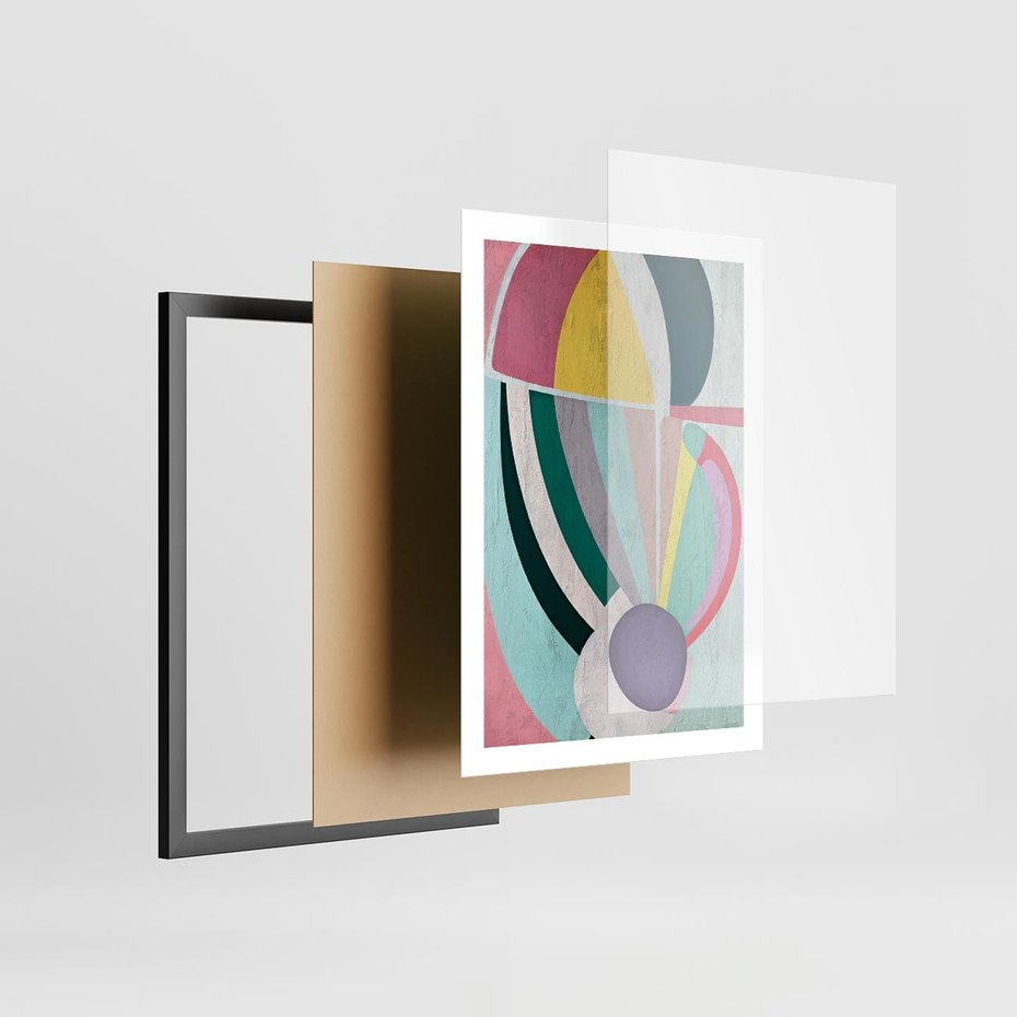 Plakat w ramie 50x70 - Podróżne Echa Przestrzeni - abstrakcyjne dziwne kształty, olejny obraz - rama czarna