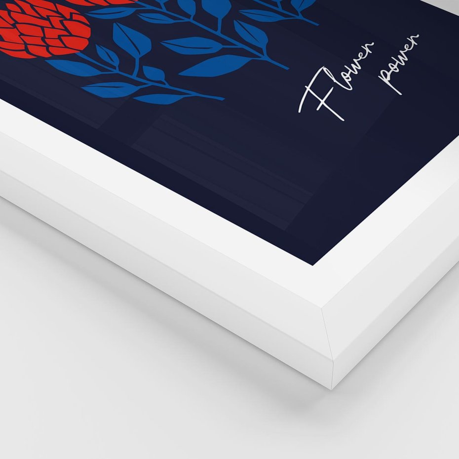 Plakat w ramie 30x40 - Podróżne Barwy - czerwone abstrakcyjne kwiaty, granatowe tło - rama biała