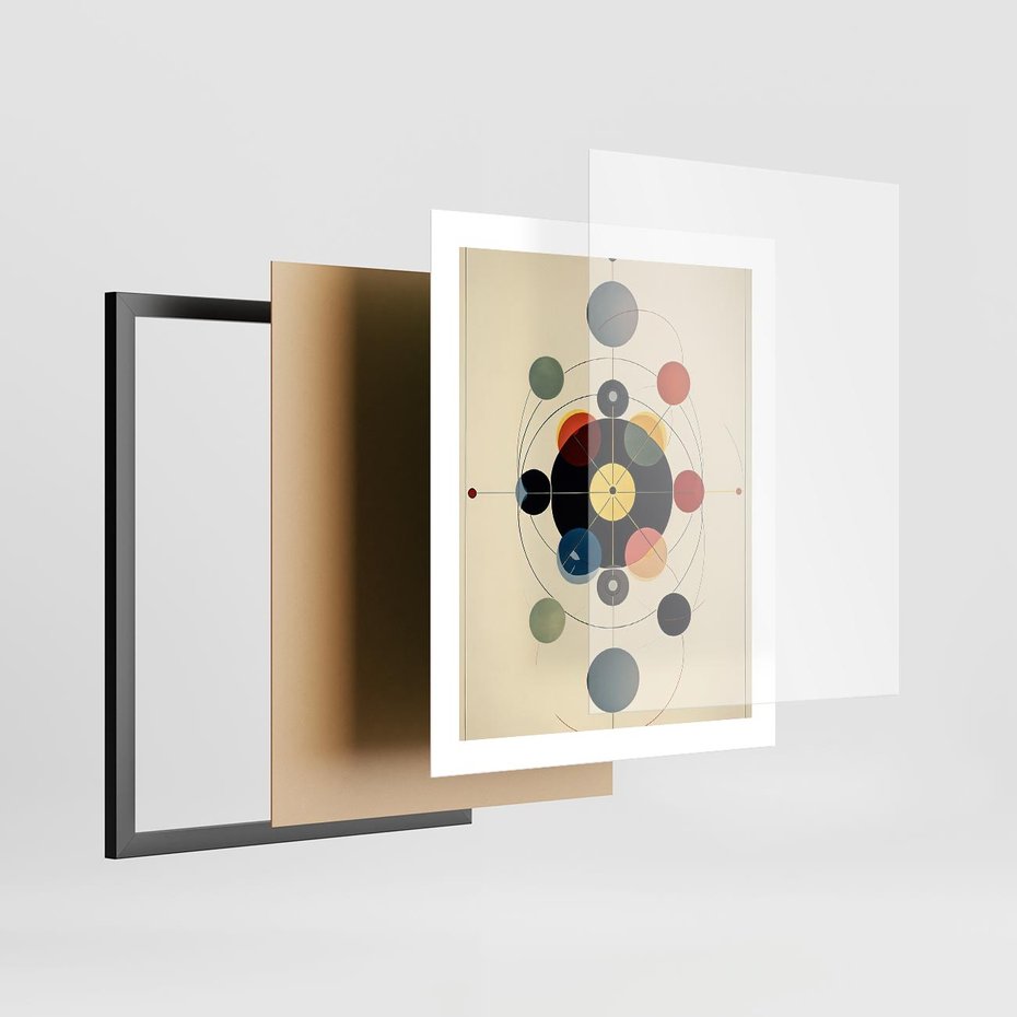 Plakat w ramie 40x50 - Bezgraniczny Taniec Światła - abstrakcyjna geometryczna kompozycja, koła linie - rama czarna