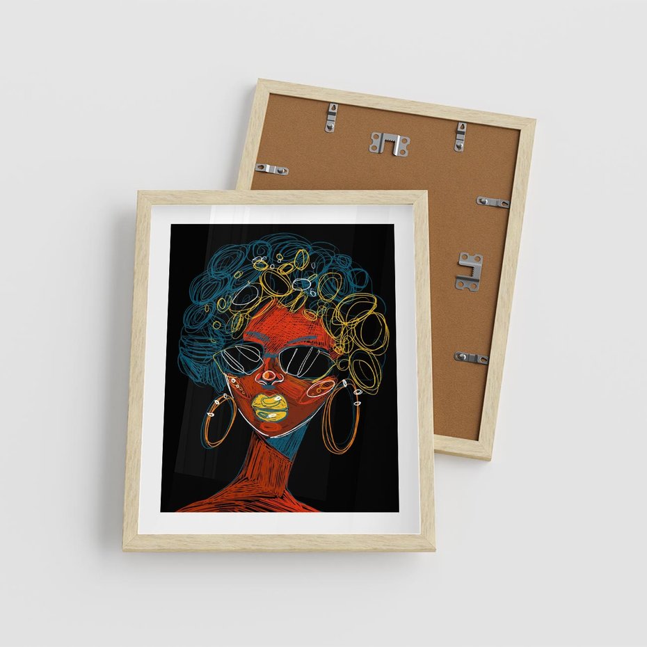 Plakat w ramie 40x50 - Kolorowe Wibracje Rzeczywistości - abstrakcyjny portret kobiety, twarz - rama drewno