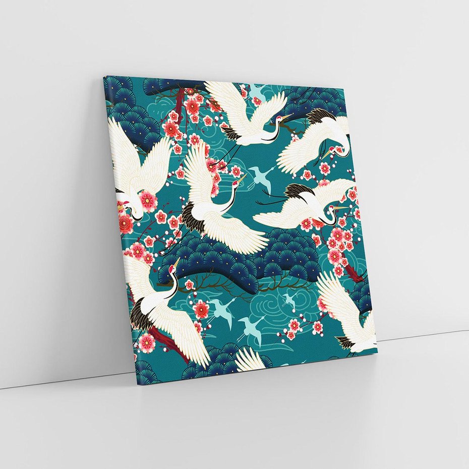 Obraz na płótnie 80x80 - Żurawie Wachlarze - orientalne japońskie żurawie, grafika