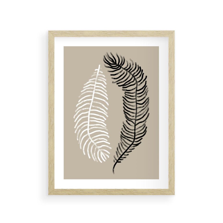 Plakat w ramie 30x40 - Spleciona Harmonia - sztuka nowoczesna, białe i czarne pióro - rama drewno