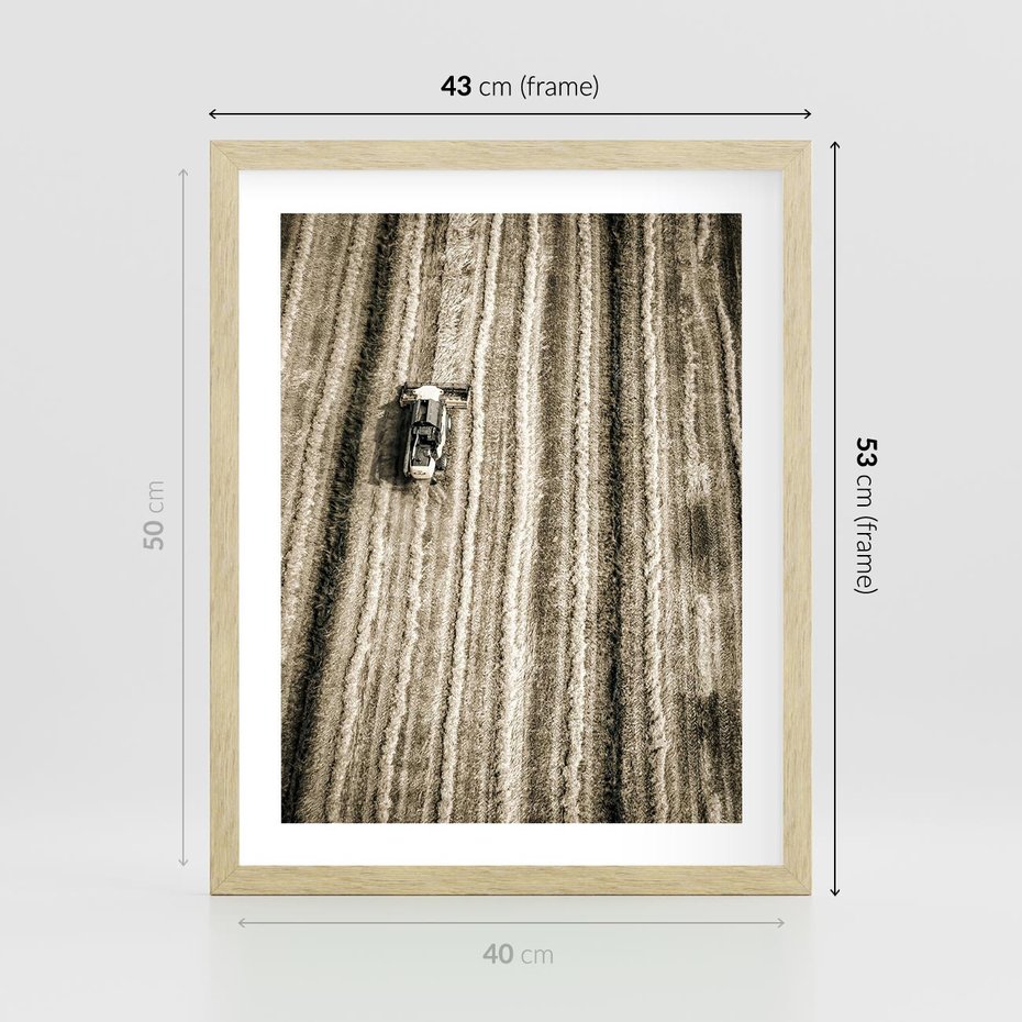 Plakat w ramie 40x50 - Sepia na Polu - kombajn, pole - rama drewno