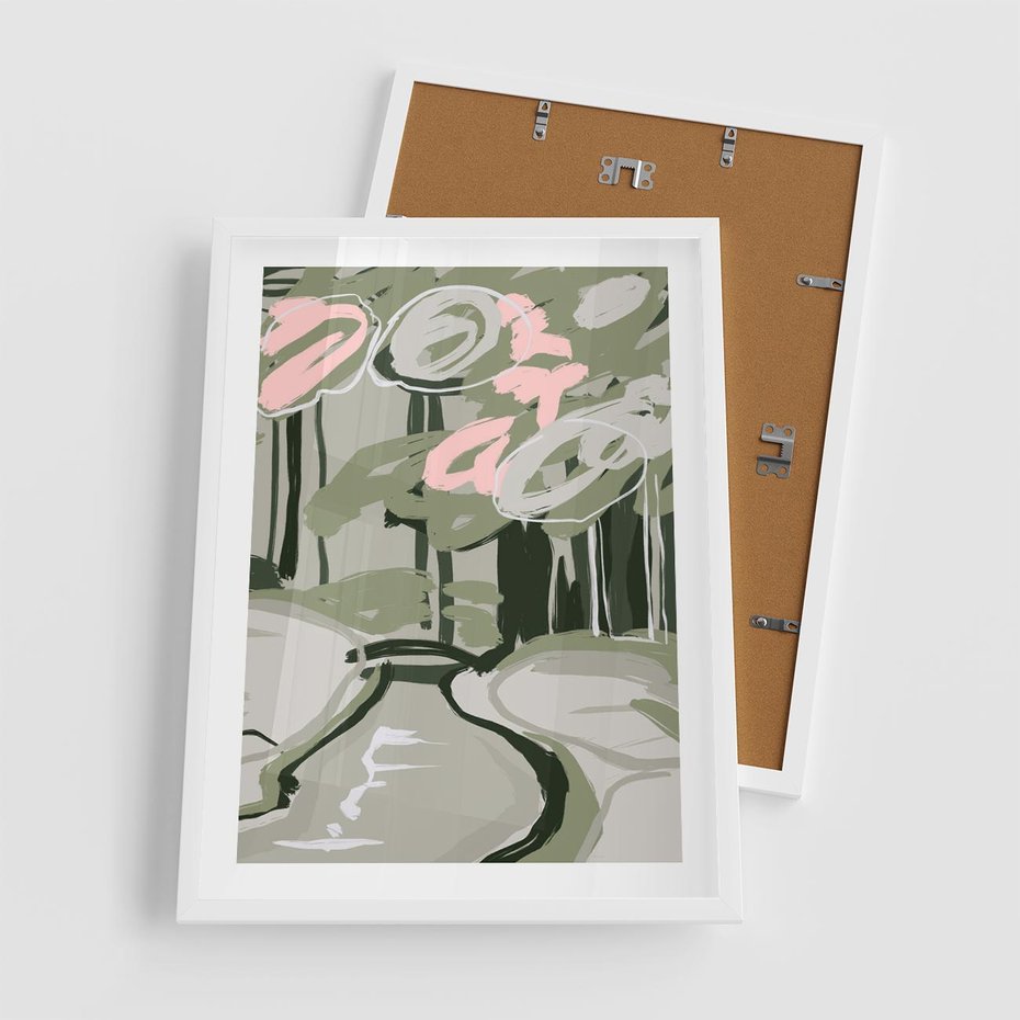 Plakat w ramie 50x70 - Leśny Zakątek - pastelowy krajobraz, nowoczesny plakat - rama biała