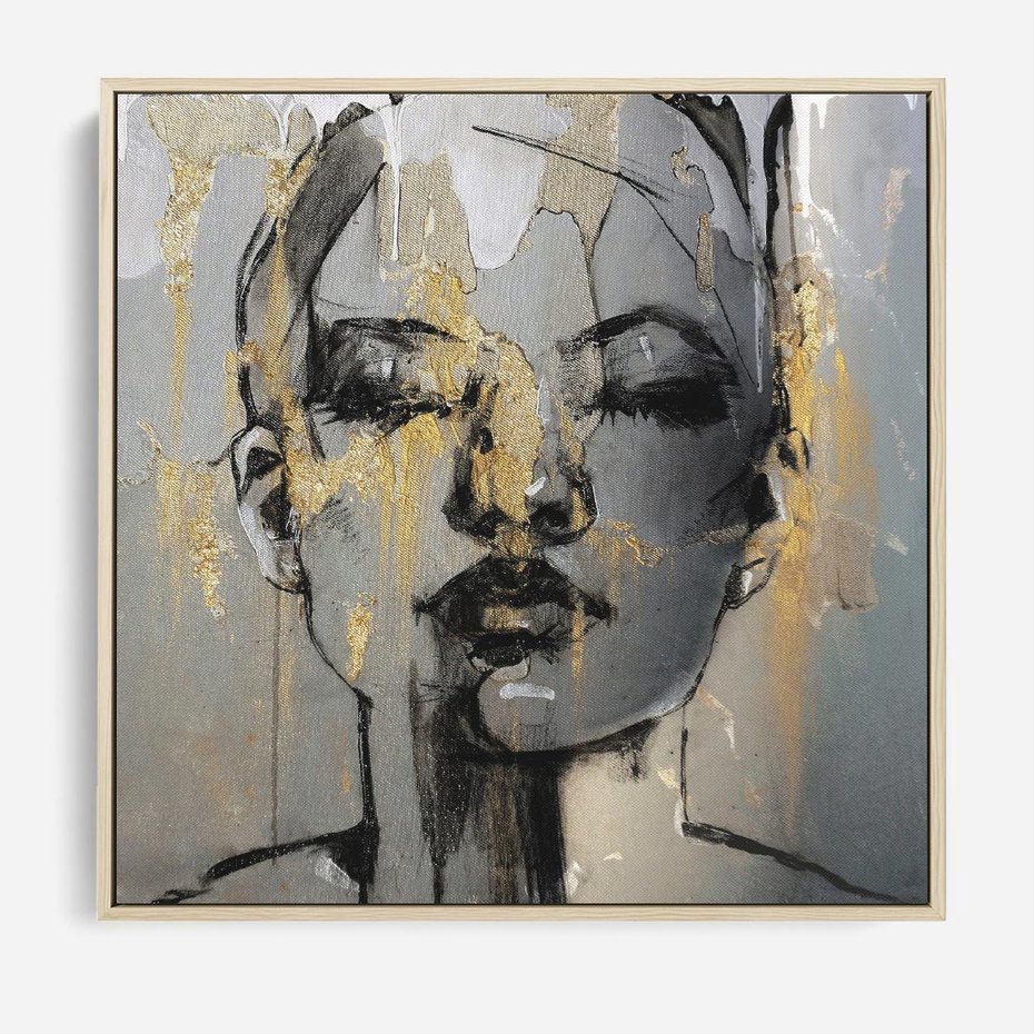 Obraz w ramie 50x50 - Kobieta - Abstrakcyjne Malowidło - złote, usta abstrakcja - rama drewno