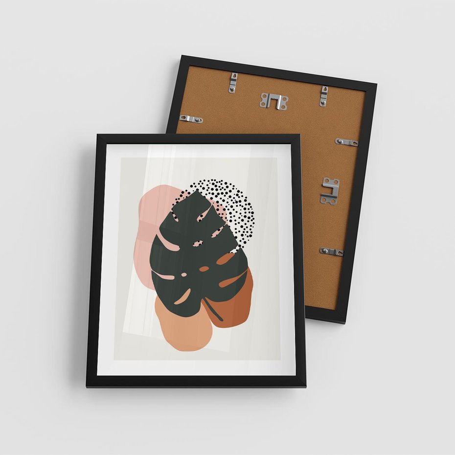 Plakat w ramie 40x50 - Minimalizm w Liściach Monstery: Plamy i Kropki - minimalizm, monstera plamy - rama czarna
