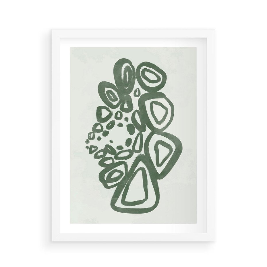 Plakat w ramie 50x70 - Migotliwe Widzenia Zieleni - zielona abstrakcja, zgaszona zieleń - rama biała