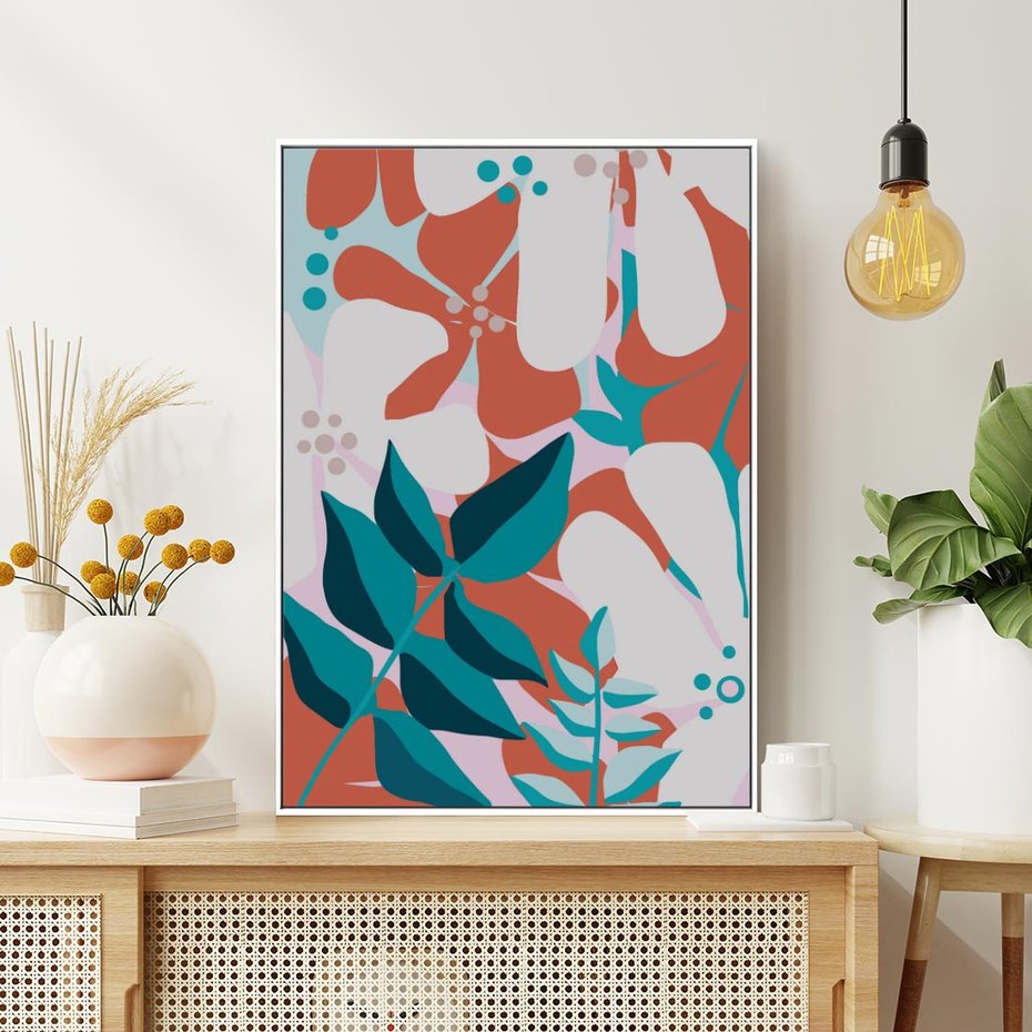 Obraz w ramie 80x120 - Harmonijne Formy - abstrakcyjna kompozycja kwiatowych form, kolor zgaszone - rama biała