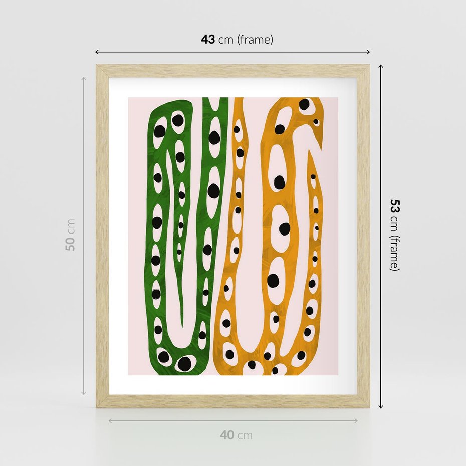 Plakat w ramie 40x50 - Migocące Zmaganie - abstrakcyjny obraz, dziwne kształty - rama drewno