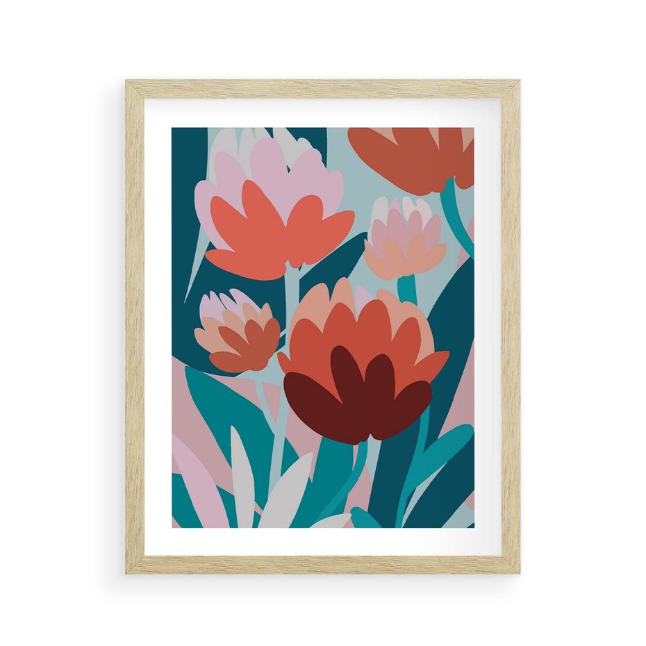 Plakat w ramie 40x50 - Symfonia Kwiatów - abstrakcyjna kompozycja kwiatowych form, kolor zgaszone - rama drewno