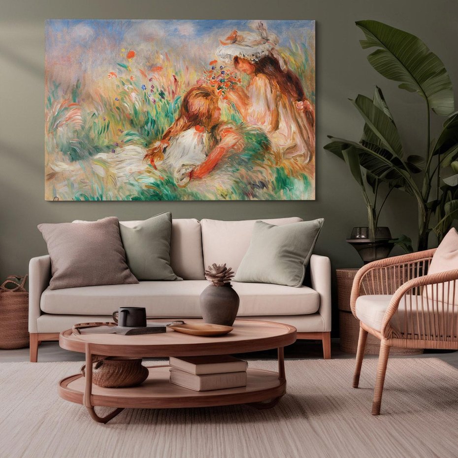 Obraz na płótnie 70x50 - Girls in the Grass Arranging a Bouquet, Pierre-Auguste Renoir - Reprodukcja - reprodukcja, obraz na płótnie