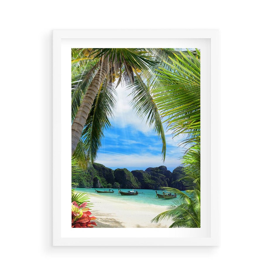 Plakat w ramie 50x70 - Palmy tańczące na tropikalnej plaży - palmy, plaża - rama biała