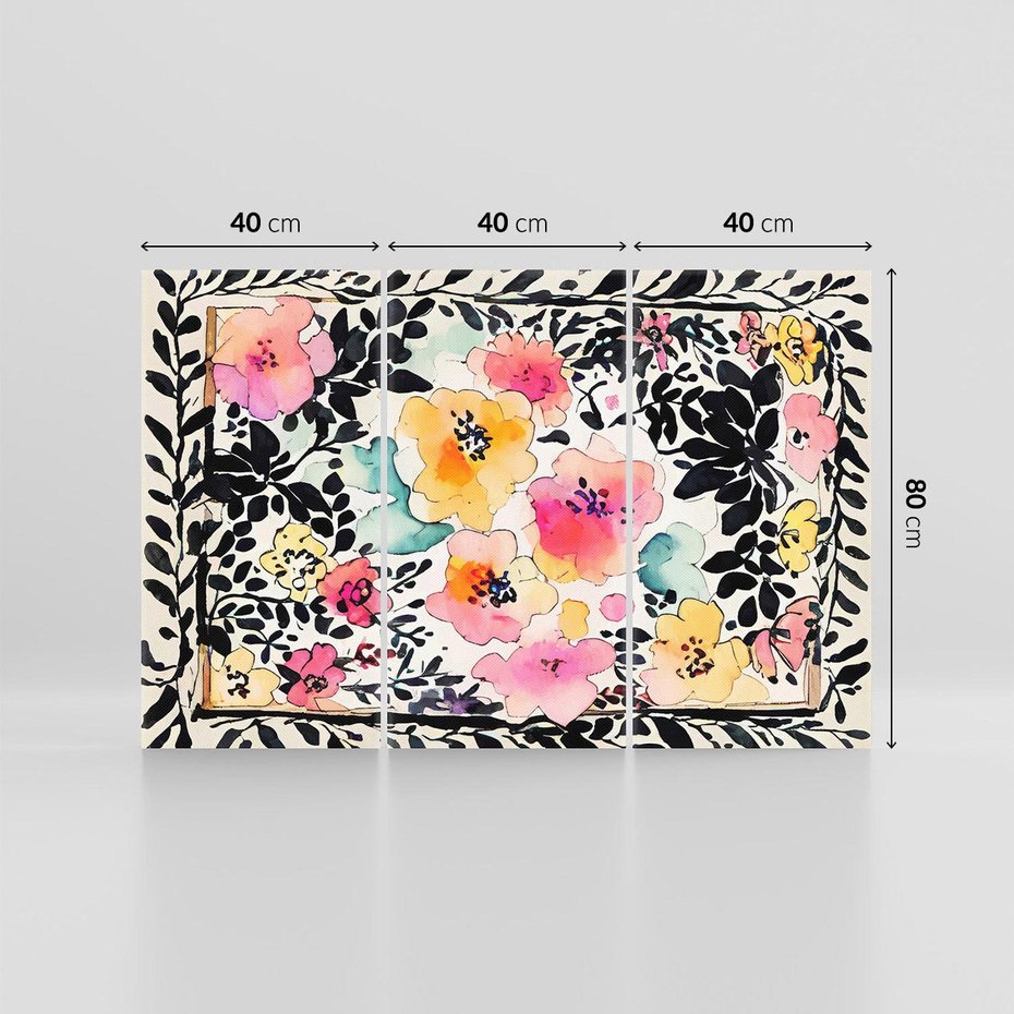Obraz na płótnie 120x80 - Opowieść w kroplach farb - akwarelowe kwiaty, mocna ornamentowa czarna ramka namalowana dookoła obrazu