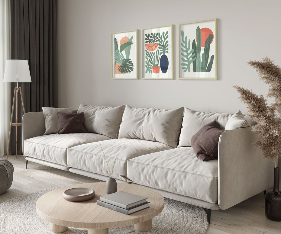 Zestaw obrazy w ramie 50x70 galeria - Liście, graficzne, boho, monstera - rama drewno