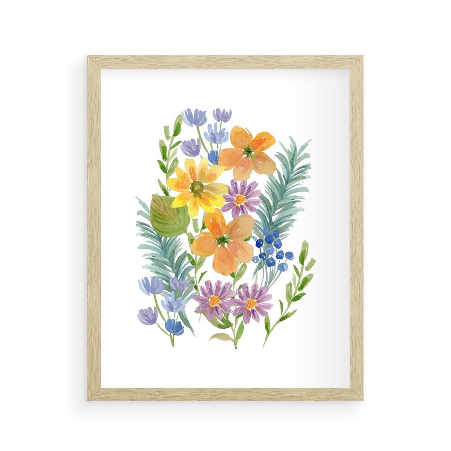 Plakat w ramie 40x50 - Migocące Widoki Kwiatów - akwarelowe polne kwiaty, minimalistyczny plakat - rama drewno