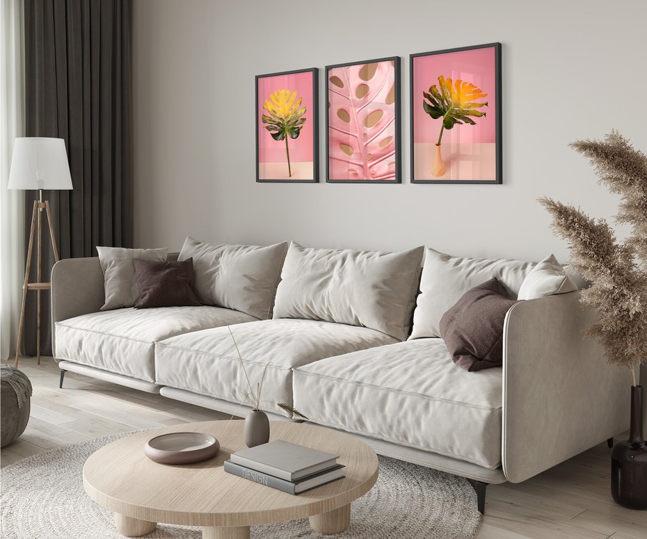 Zestaw obrazy w ramie 50x70 galeria - Monstera, liście, retro, pastele - rama czarna