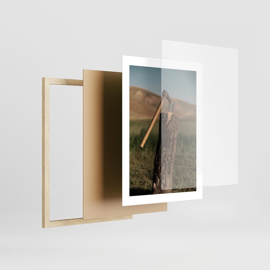 Plakat w ramie 30x40 - Lasowa siła w drewnie - las, siekiera - rama drewno