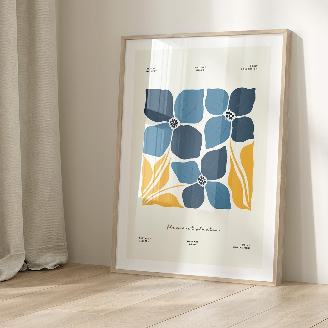 Plakat w ramie 50x70 - Błękitne Nowości - niebieskie kwiaty, nowoczesna sztuka - rama drewno