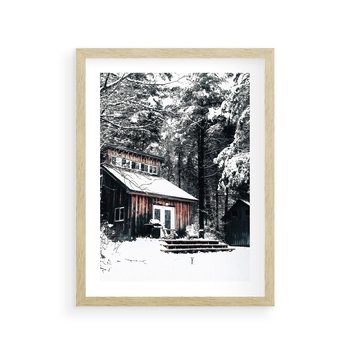 Plakat w ramie 40x50 - Zimowy Urok Drewnianego Domku - zima, drewniany domek - rama drewno