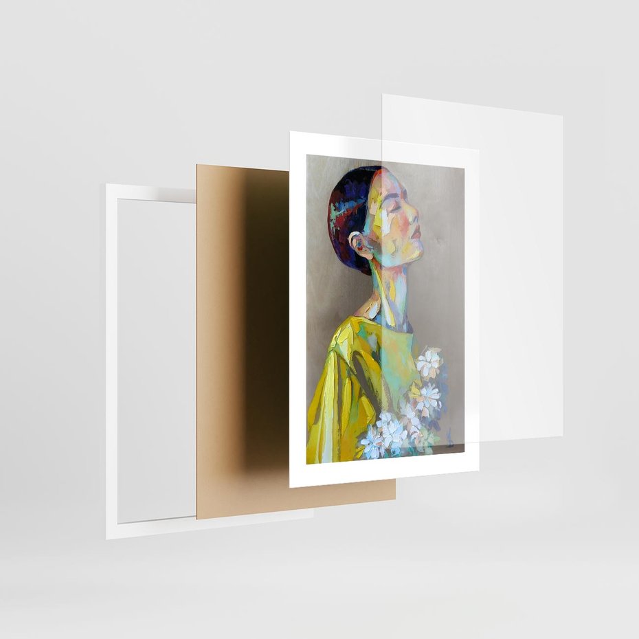 Plakat w ramie 30x40 - W Żółtej Sukience - olejny abstrakcyjny obraz, portret kobiety w żółtej sukience - rama biała