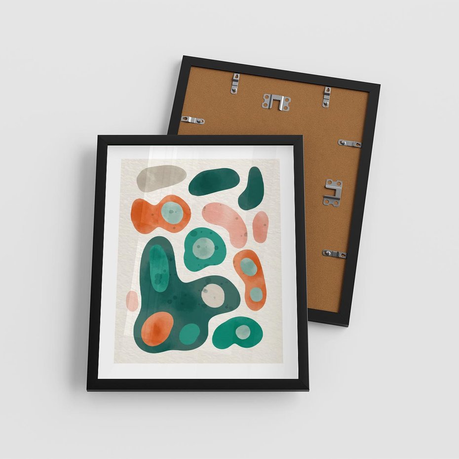 Plakat w ramie 40x50 - Kolorowe Przenikanie - przypadkowe abstrakcyjne plamy, pomarańczowy i zielony - rama czarna