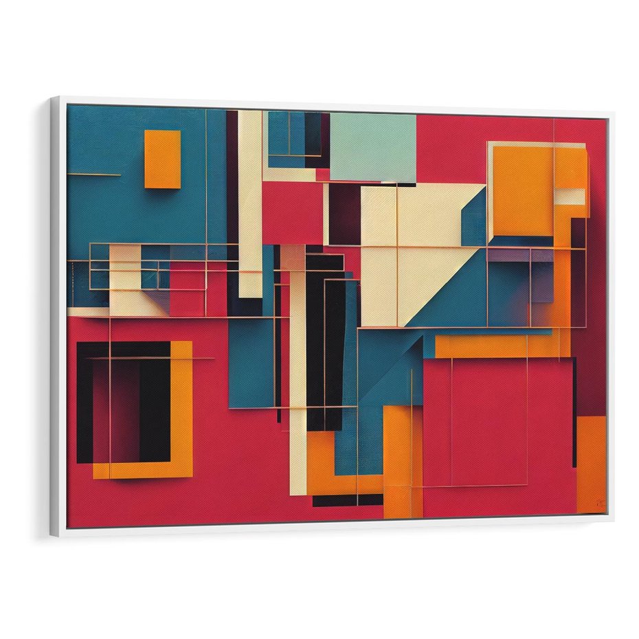 Obraz w ramie 100x70 - Przejście przez labirynt myśli - kolorowa abstrakcja, instalacja z prostokątów i lini - rama biała