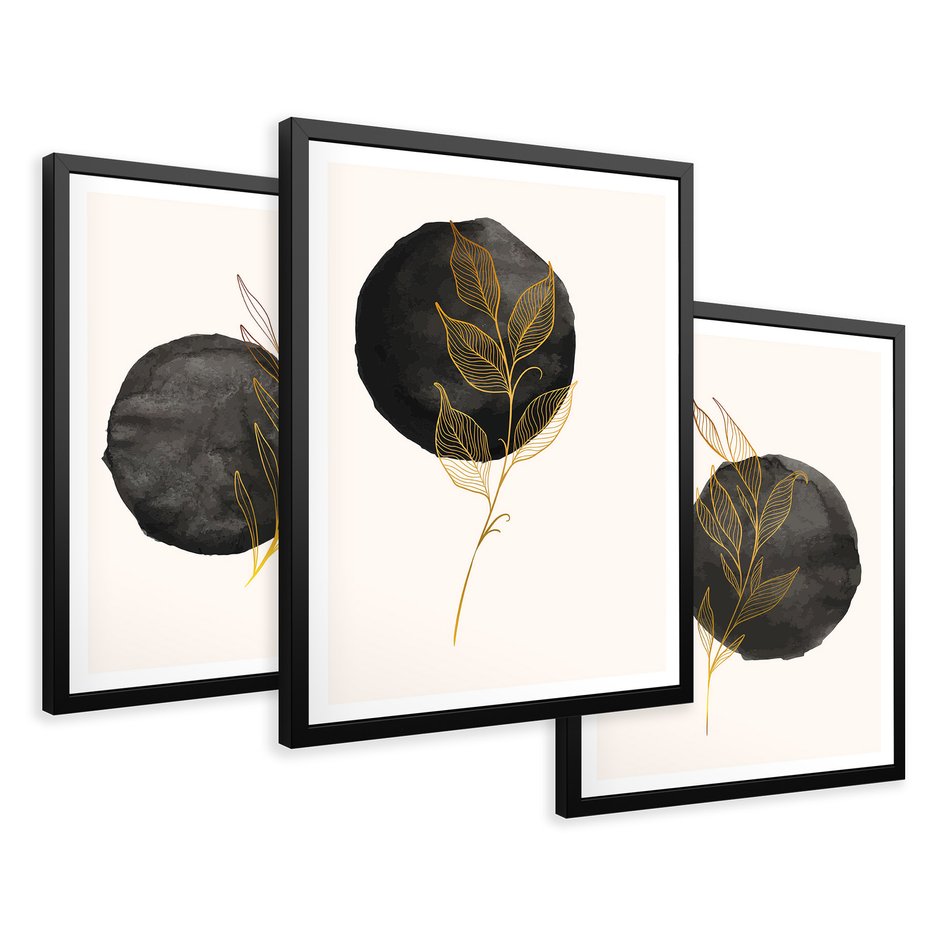 Zestaw obrazy w ramie 30x40 galeria - Złote, liście, akwarela, abstrakcja - rama czarna