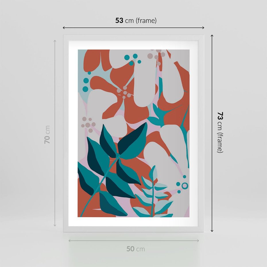 Plakat w ramie 50x70 - Harmonijne Formy - abstrakcyjna kompozycja kwiatowych form, kolor zgaszone - rama biała