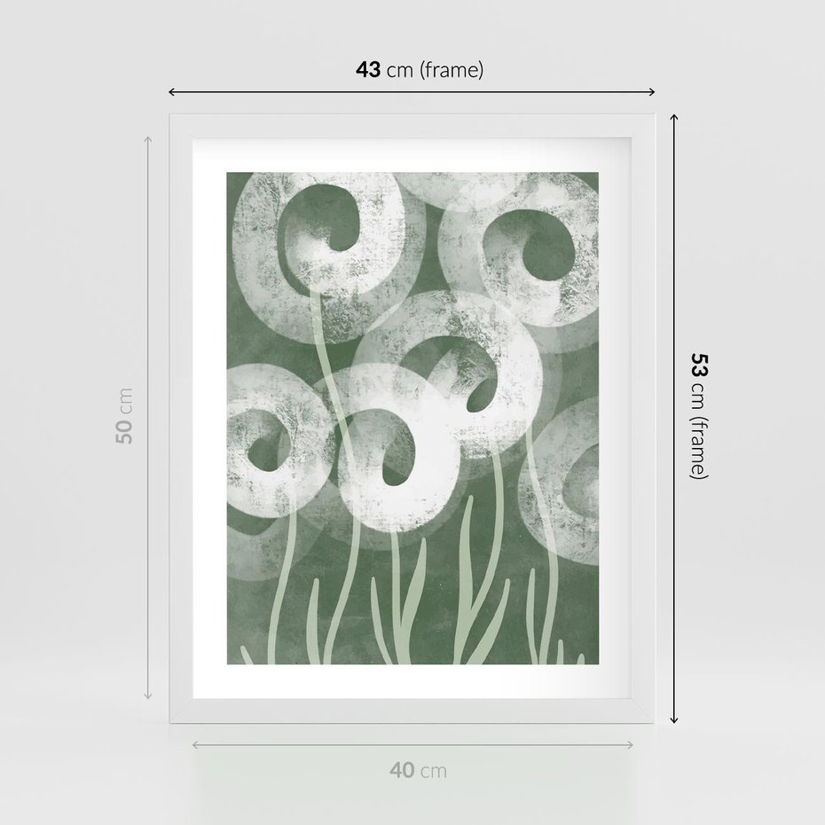 Plakat w ramie 40x50 - Spokojne Plamy Natury - zielony plakat, roślinne motywy - rama biała