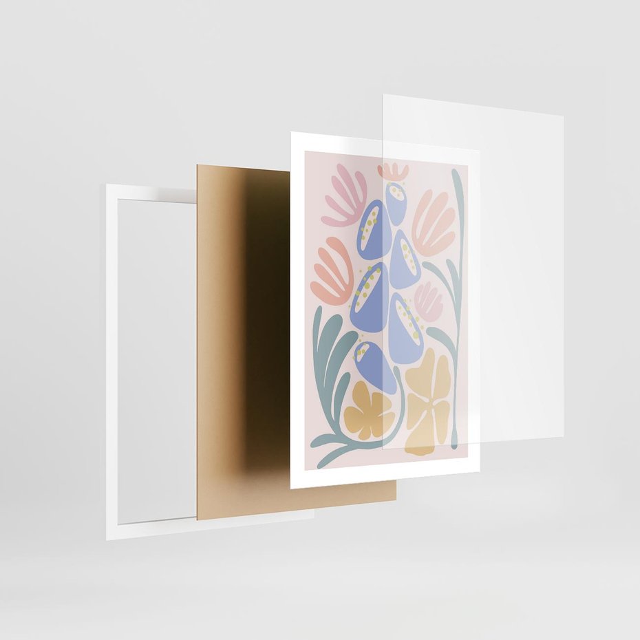 Plakat w ramie 50x70 - Minimalistycznie i Pastelowo - pastelowe kwiaty, na beżowym tle - rama biała