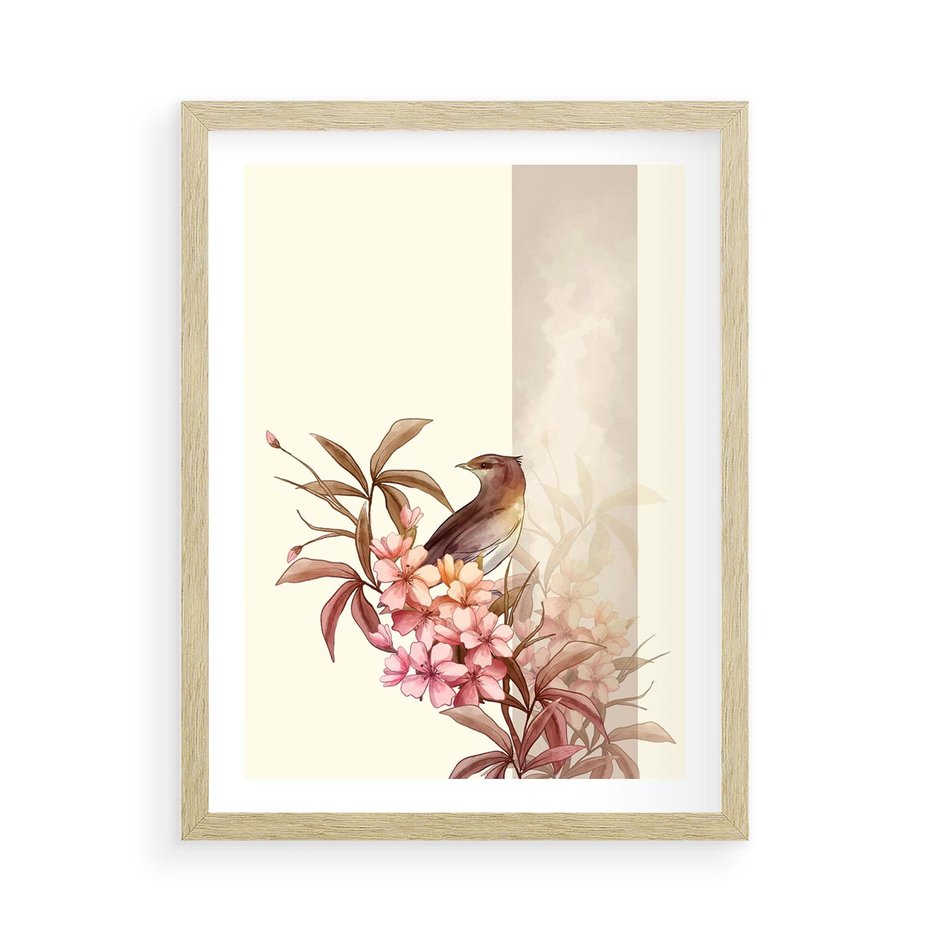 Plakat w ramie 50x70 - Kwiatowe Zanurzenie - japońska sztuka, ptak - rama drewno