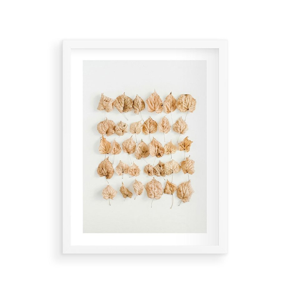 Plakat w ramie 30x40 - Liście Złotego Sezonu - kompozycja z suchych żółtych liści - rama biała