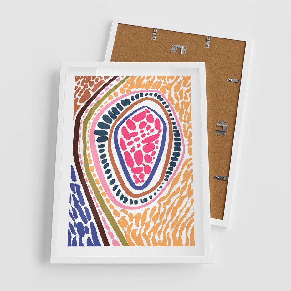 Plakat w ramie 50x70 - Rozchlapane Wizje - kolorowe wzory, tęczowe żywe kolory - rama biała